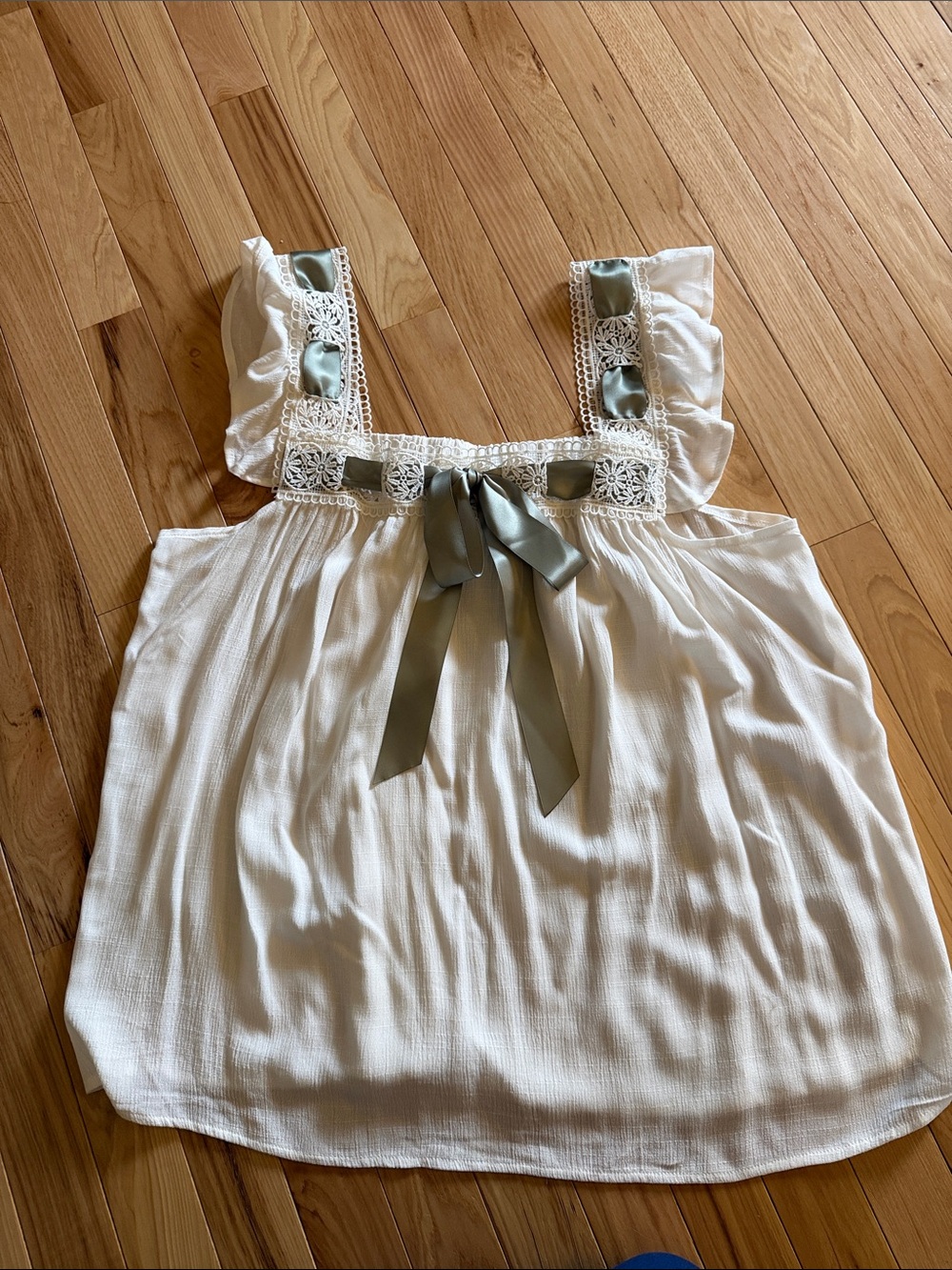 Daytrip White Tank with Sage Green Ribbon and Lace